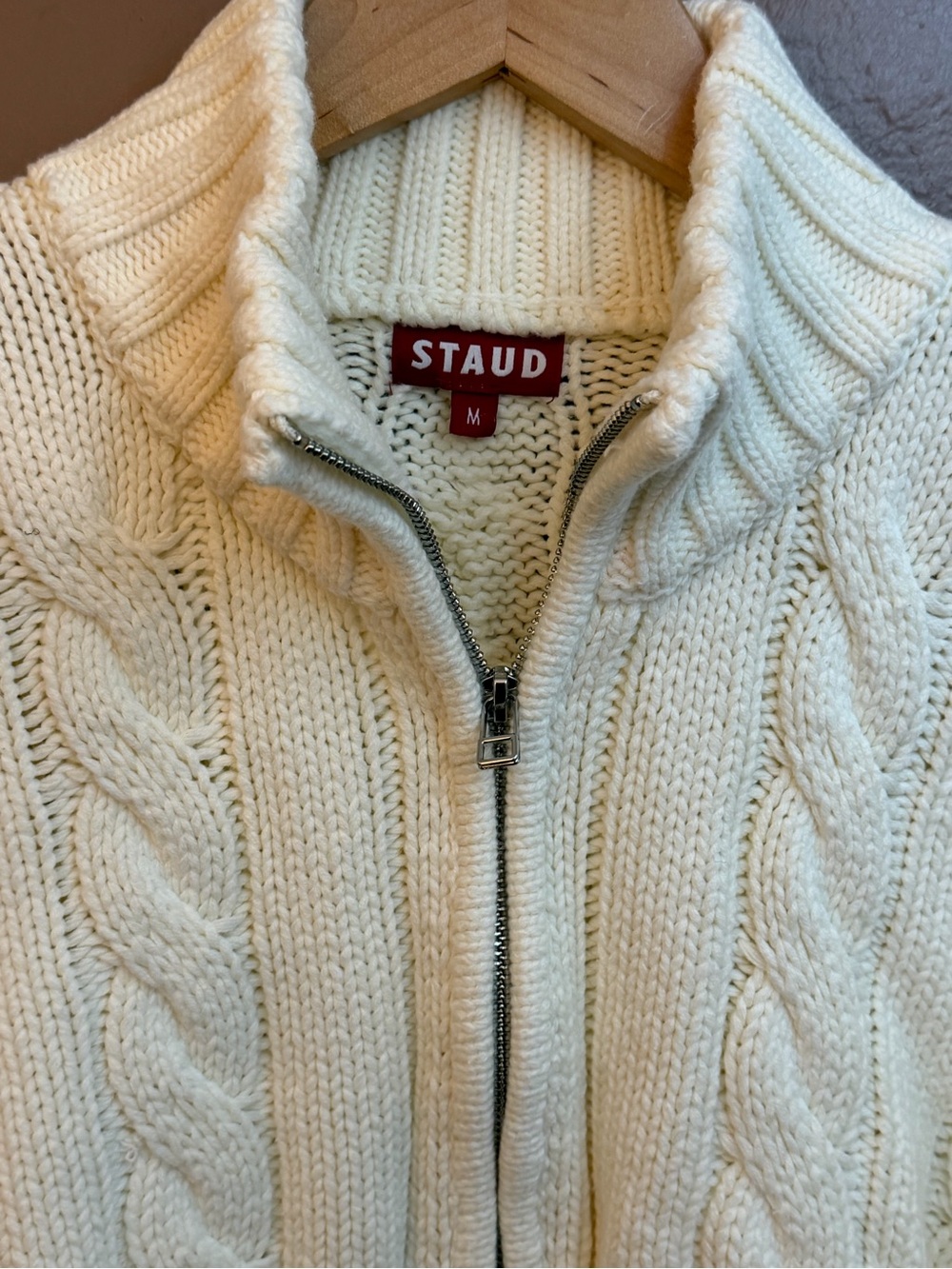 STAUD Women’s Ivory Cable-Knit 1/4 Zip Mock Neck Pullover Sweater M - Picture 6 of 11
